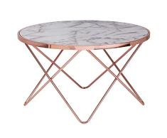 FineBuy Design Couchtisch Marmor Optik Weiß Rund Ø85 cm Kupfer Metall-Gestell | Großer Wohnzimmertisch | Beistelltisch