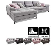 Cavadore L-Form-Sofa Castiel mit Federkern, Große Eckcouch mit Sitztiefenverstellung und XL-Longchair, 312 x 89 x 173, Webstoff, hellgrau