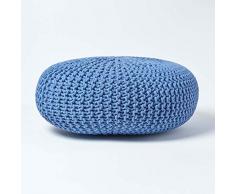 Homescapes Pouf Strickpouf rundes Bodenkissen, Sitzpouf 70 x 23 cm, gepolsterter Sitzhocker, Sitzpuff/Puff mit grob gestricktem Bezug aus 100% Baumwolle, Strickpuff, blau