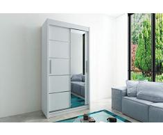 Kryspol Schwebetürenschrank Verona 2-100 cm mit Spiegel Kleiderschrank mit Kleiderstange und Einlegeboden Schlafzimmer- Wohnzimmerschrank Schiebetüren Modern Design (Weiß)