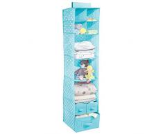 mDesign hängender Stoffschrank – mit 7 Fächern und 3 Schubladen – der ideale Hängeschrank aus Stoff mit Pünktchen-Muster – perfekt als Hängeregal für das Kinderzimmer – türkisblau mit weißen Punkten