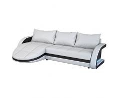 Eck-Sofa weiß-schwarz in Leder-Optik: Edle Designer Couch mit LED, großer 3 Sitzer, 265 cm breit, Leder-Sofa mit 156 cm tiefer Recamiere / Ottomane, links & rechts montierbar | Wohnlandschaft | Made in EU