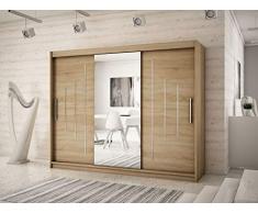 Kryspol Schwebetürenschrank York 1-250 cm mit Spiegel Kleiderschrank mit Kleiderstange und Einlegeboden Schlafzimmer- Wohnzimmerschrank Schiebetüren Modern Design (Sonoma)