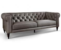 Leder Chesterfield Sofas Barock Design Couch Echtleder Sessel Möbel Hudson Knopfheftung Massivholz Füße (Grau, 3-Sitzer)