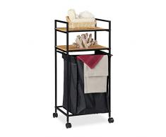 Relaxdays Rollregal Bad, 2 Ablagen, Badregal mit Wäschekorb, Metall, Bambus, HBT: 89,5 x 39 x 32,5 cm, schwarz/natur
