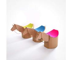 Design Kinderhocker, ergonomischer Papphocker Lollo mit Einhorn/Pferdekopf. Sitzfläche aus limonefarbenem Wollfilz (Ökotex100)