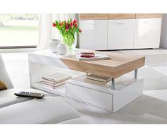 lifestyle4living Couchtisch, Tisch, Wohnzimmertisch, Salontisch, Sofatisch, Kaffeetisch, weiß Hochglanz, Ablage, Schubkasten, Eiche Sonoma Sägerau Nb.