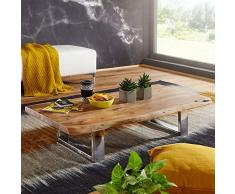 FineBuy Couchtisch Anura 115 x 25 x 58 cm Akazie Massiv Holz Metallgestell groß | Baumstamm Wohnzimmertisch Massivholz Braun | Baumkante Sofatisch Landhaus Holztisch | Tisch Wohnzimmer Stubentisch