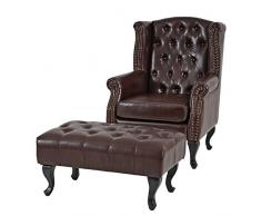 Mendler Sessel Relaxsessel Clubsessel Ohrensessel Chesterfield Kunstleder ~ antik-braun mit Ottomane