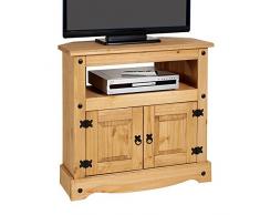 CARO-Möbel TV Rack Salsa Regal TV Schrank Kiefer massiv im Mexiko Stil, gebeizt/gewachst, 2 Türen, 1 offenes Fach