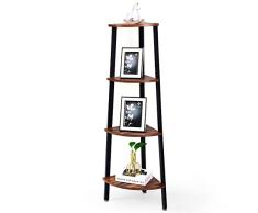 COSTWAY Eckregal im Industrie-Design, Standregal, Bücherregal mit 4 Ablagen, Aktenregal Ecke, Dekoregal für Küche/Schlafzimmer/Wohnzimmer/Büro, Badregal Holz