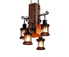 Retro Pendelleuchte Industrielle Loft Bar Hängeleuchte 4 Lichter,JOJOM Kreativ Persönlichkeit Wohnzimmer Esszimmer Schlafzimmer Studie Kronleuchter Vintage Antik Metall Glas Holz Dekorativer Hängelamp