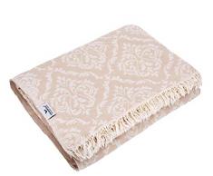 Carenesse Tagesdecke King Size BAROCK beige, 260 x 260 cm, hochwertige leichte Doubleface Decke 100% Baumwolle Kurze Fransen, Wohndecke, Sofa-Überwurf, Bettüberwurf, Couchdecke, Bedspread, Plaid