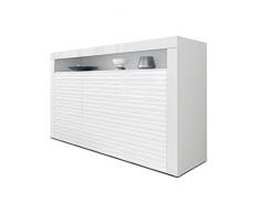 Sideboard Kommode Valencia, Korpus in Weiß matt/Fronten in Weiß Hochglanz Harmony mit 3D Struktur und Blenden in Weiß Hochglanz