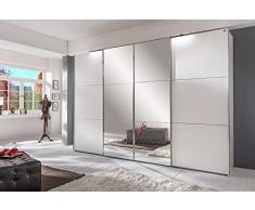 lifestyle4living Schwebetürenschrank in weiß, 2 Synchron-Spiegel-Türen, 300cm | Hochwertiger Kleiderschrank mit 4 Schwebetüren, Einlegeböden & Kleiderstangen