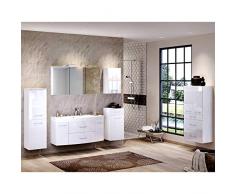 Lomadox Badmöbel Komplett Set in Hochglanz weiß ● 120cm Waschtisch-Unterschrank mit Waschbecken ● 3D LED Spiegelschrank mit Steckdose ● Midischrank, Unterschrank, Hängeschrank & Highboard