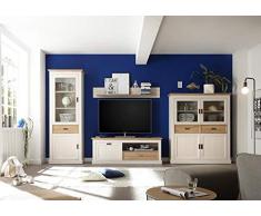 lifestyle4living Anbauwand in Weiß, Moderne Wohnwand mit Absetzungeni n Wildeiche-Dekor, Fernsehwand im Landhausstil mit viel Stauraum, 364 cm