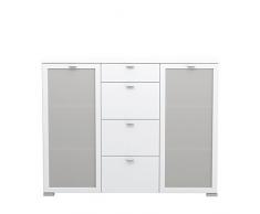 FORTE Girona Kommode mit 4 Schubkästen und 2 Glastüren, Holzwerkstoff, Weiß matt, 149,8 x 41,2 x 116,7 cm