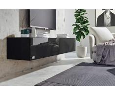 Wuun® 140cm/Schwarz-Hochglanz (Korpus Schwarz-Matt)/8 Größen/5 Farben/TV Lowboard TV Board hängend Hängeschrank Wohnwand/Somero