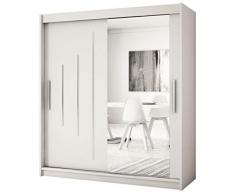 Kryspol Schwebetürenschrank York 2-200 cm mit Spiegel Kleiderschrank mit Kleiderstange und Einlegeboden Schlafzimmer- Wohnzimmerschrank Schiebetüren Modern Design (Weiß)