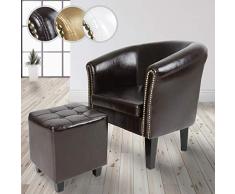 MIADOMODO Chesterfield Sessel mit Hocker - aus Holz und Kunstleder, Kupfernieten, Farbwahl - Loungesessel inkl. Sitzhocker, Clubsessel, Armsessel, Cocktailsessel, Wohnzimmer Möbel (Braun)