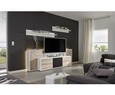 Dreams4Home SoundRoom I, TV-HIFI Center, Fernsehschrank, TV Möbel, Schrank, Hochglanz, weiß, San Remo Eiche, Wohnkombination, Farbe:Weiß/San Remo Eiche - San Remo Eiche;Ausführung:TV Halterung verschiebbar - starre VESA Halterung
