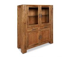 Strong Vitrinenschrank Vitrine Schrank naturfarben 116 x 149 x 44 cm mit 4 Türen und 2 Schubladen geölt Massivholz