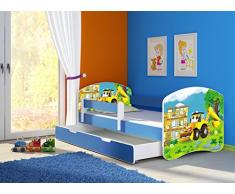 Clamaro Fantasia blau Motiv Kinderbett Komplett Set 140 x 70 cm inkl. Matratze, Lattenrost und Bettkasten Unterbett Schublade auf Rollen, Kantenschutzleisten umlaufend, extra Rausfallschutz Seitenteil (verstellbar), Seitenteile: Blau, Design: 20 Bagger