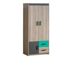 Jugendzimmer - Drehtürenschrank / Kleiderschrank Marcel 01, Farbe: Esche Türkis / Grau / Braun - Abmessungen: 187 x 80 x 51 cm (H x B x T)