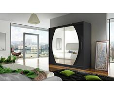 Kleiderschrank mit Spiegel London IX, Schwebetürenschrank, Schiebetürenschrank, Modernes Schlafzimmerschrank 180x215x57cm, Garderobe, Schlafzimmer (Schwarz)