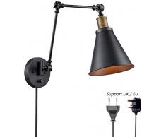 Wandleuchte Vintage Industrie Wandlampe Schlafzimmer Nachttischlampe mit Schalter+Stecker 1,8 m Netzkabel Leselampe Buchlampe Metall Lampenschirm,1 Stück