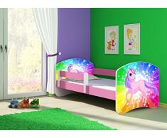 Clamaro Fantasia Pink Motiv Kinderbett Komplett Set 160 x 80 cm inkl. Matratze und Lattenrost, Kantenschutzleisten umlaufend, extra Rausfallschutz Seitenteil (verstellbar), Seitenteile: Pink, Design: 18 Einhorn Regenbogen