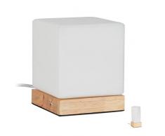 Relaxdays Tischlampe Würfel, Wohn- & Schlafzimmer, Holz & Milchglas, E14 Nachttischlampe, 15 x 12 x 12 cm, weiß/natur