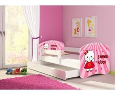 Clamaro Fantasia Weiß Motiv Kinderbett Komplett Set 140 x 70 cm inkl. Matratze, Lattenrost und Bettkasten Unterbett Schublade auf Rollen, Kantenschutzleisten umlaufend, extra Rausfallschutz Seitenteil (verstellbar), Seitenteile: