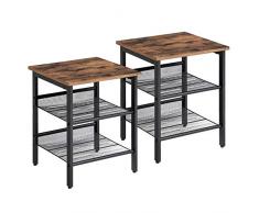 VASAGLE Nachttische, Beistelltisch-Set, 2er-Set Sofatische, kleine Couchtische mit verstellbaren Gitterablagen, Wohnzimmer, Schlafzimmer, Flur, stabil, Industrie-Design, vintagebraun-schwarz LET24X