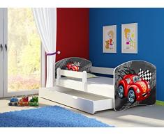Clamaro Fantasia Weiß Motiv Kinderbett Komplett Set 140 x 70 cm inkl. Matratze, Lattenrost und Bettkasten Unterbett Schublade auf Rollen, Kantenschutzleisten umlaufend, extra Rausfallschutz Seitenteil (verstellbar), Seitenteile: