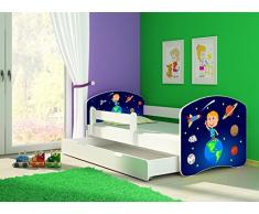 Clamaro Fantasia Weiß Motiv Kinderbett Komplett Set 140 x 70 cm inkl. Matratze, Lattenrost und Bettkasten Unterbett Schublade auf Rollen, Kantenschutzleisten umlaufend, extra Rausfallschutz Seitenteil (verstellbar), Seitenteile:
