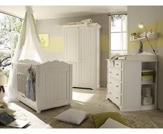 Massivholz Babyzimmer-Set Cinderella Premium bestehend aus 2-türigem Kleiderschrank, Babybett, Kommode und Wickelaufsatz, Kiefer, teilmassiv, weiß