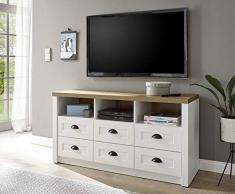 Lowboard Tesorino Holznachbildung Pinie Weiss Applikationen Eiche hell 130x68x43cm Board TV-Schrank Fernsehschrank Fernsehboard Schrank modern