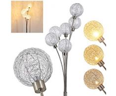 Stehlampe Bernado stufenlos dimmbar, Stehleuchte Nickel-matt/Silberfarben, 6-flammig, mit 6 Drahtkugeln, 6 x G9, moderne Bogenlampe für Wohnzimmer, Schlafzimmer, Flur, mit Fußschalter am Kabel