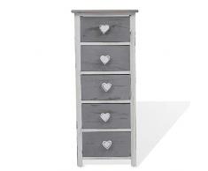 Rebecca Srl Nachttisch Nachtschrank Nachtkästchen Kommode mit 5 Schubladen, aus Paulownienholz, in weiß/grau, im angesagten Shabby Vintage Look, mit Herzknöpfen, für Schlafzimmer & Badezimmer (Cod. RE4307).
