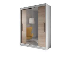 mb-moebel Moderner und funktionaler Schiebe­türen­Schrank Kleiderschrank Schrank Garderobe Zweitürenschrank Spiegeltür 150 cm Lara 01 (Weiß + Sonoma)