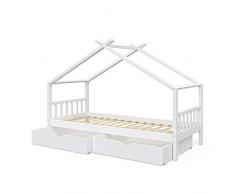 VitaliSpa Kinderbett Hausbett Design 90x200cm INKL SCHUBLADEN Kinder Bett Holz Haus Schlafen Hausbett Spielbett Inkl. Lattenrost (Weiß lackiert)
