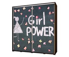 Selsey Girl Power - Kleiderschrank 2-türig mit Schiebetüren und Tafelzeichnung 3D-Motiv 205cm (Korpus in Holzoptik/Wenge)