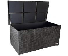 PREMIUM Venezia 950 L Polyrattan Garten Kissenbox wetterfest (regnet nicht rein) 146 x 83 x 80 cm, Auflagenbox mit verstärktem Deckel und Gasdruckfedern, auch als Tischplatte geeignet, Silber