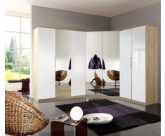 Eckkleiderschrank in Hochglanz weiß - Eiche sägerau Eck- Kleiderschrank