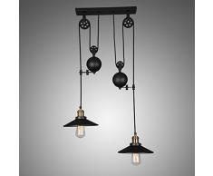 Nordic Retro Eisen Restaurant Industrie-Riemenscheibe Pendelleuchte Teleskop-Kronleuchter Village Runden Loft Restaurant Hängeleuchten Schlafzimmer Anhänger Lampe E27*2 Schwarz