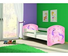 Clamaro Fantasia Weiß Motiv Kinderbett Komplett Set 160 x 80 cm inkl. Matratze und Lattenrost, Kantenschutzleisten umlaufend, extra Rausfallschutz Seitenteil (verstellbar), Seitenteile: Weiß, Design: 17 Einhorn