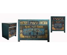 OPIUM OUTLET Schlafzimmer Kombination chinesische Kommode mit 2 Nacht-Konsolen Sideboard Schränkchen Nachtkommode Shabby Chic Vintage-Stil Asia Schlafzimmer Möbel (blau)
