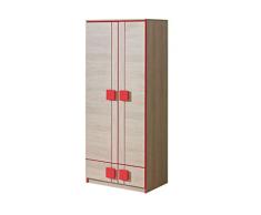 SMARTBett GmbH Kleiderschrank mit Zwei Türen und 2 Schubladen Eiche Santana/Rot Kleiderschranksystem möbel Schrank schlafzimmerschrank kleiderschrank günstig wäscheschrank schranksysteme